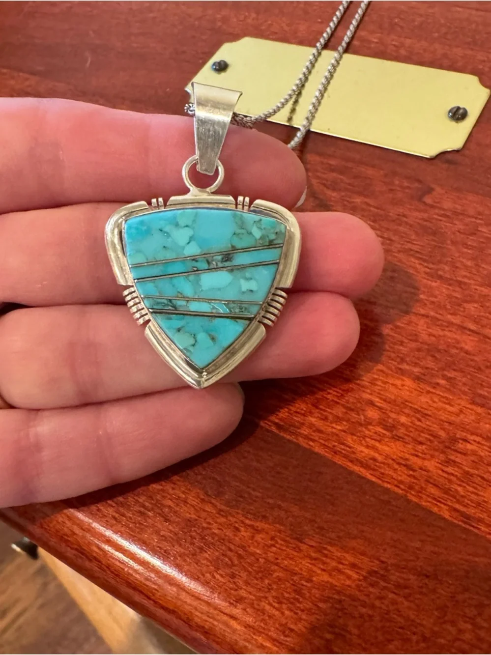 💥 For Traci! Navajo Artisan Steve Francisco 925 Turquoise Inlay Pendant Necklace - Picture 7 of 16